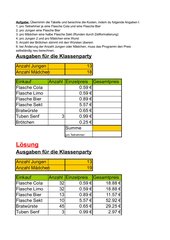 Excel-Kalkulation einer Party, Aufgabe und Lösung