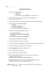 Test Chemie Klasse 8 Einführungsunterricht
