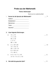 Probe Gleichungen und mathematische Fachbegriffe 5. Klasse Hauptschule