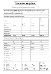 Übungsblatt Volumen- und Flächenberechnung, Umwandlung Maßeinheiten
