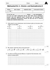 Mathearbeit Jg. 6 HS - Multiplikation & Division von Brüchen und Dezimalbrüchen
