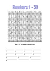 Wordsearch Numbers 1 - 30