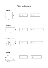 Merkblatt: Flächen- und Umfangformeln für Quadrat, Rechteck, Parallelogramm, Dreieck