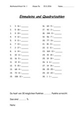 Test Einmaleins und Quadratzahlen