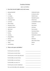 Vocabulary Worksheet sports and hobbies
