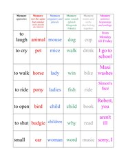 Memo-Spiel / Zuordnungsspiel:  opposites, meanings, sounds, nouns+verbs, plurals, sentences