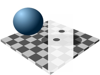 Beweisgrafik zum Schachbrett mit Schatten - optische Täuschung, Schachbrett, Helligkeitswahrnehmung, Optik, Kugel, Beweis, Physik