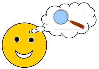 Smiley #13 - mit Sprechblase (Lupe) - Smiley, Zeichen, Zeichnung, Illustration, Button, Symbol, Sprechblase, Auftrag, forschen, suchen, Forscherauftrag, untersuchen, finden, Lupe