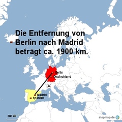 Landkarte Weg Berlin nach Madrid - Landkarte, Entfernung, Abstand, Strecke, politische Karte, Hauptstadt, Luftlinie, Berlin, Deutschland, Europa, Madrid, Spanien, 1900km, Maßstab, Mathematik