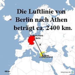 Landkarte Weg Berlin nach Athen - Landkarte, Entfernung, Abstand, Strecke, politische Karte, Hauptstadt, Luftlinie, Berlin, Deutschland, Europa, Athen, 2400km, Griechenland, Maßstab, Mathematik