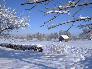Hütte im Schnee - Winter, Schnee, Landschaft, Hütte