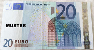 20 Euroschein - Geld, Münzen, Münze, Scheine, Schein, Geldschein, Zahlen, bezahlen, Euro, Summe, Wechselgeld, wechseln, Währung, Daf