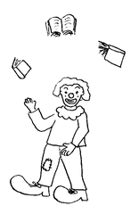 Bücherclown - Buch, Bücher, Clown, jonglieren, werfen, fangen, lesen, Leseförderung, Lesepass, Illustration