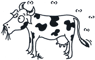 Kuh (Seitenansicht) - Kuh, Rind, Milch, Milchvieh, Bauer, Bauernhof, melken, Melker, Weide, Comicfigur, Ausmalbild, Legefilm, Lactose