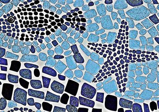 Mosaik - Thema Wassertiere - Mosaik, Wasser, Wassertiere, Fisch, Stern, Seestern, blau, Kunst, Technik, Muster