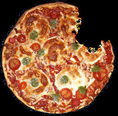 Angebissene Pizza - Pizza, Hefeteig, essen, Italienisch, Fertigprodukt, Teig, backen, Tiefkühlkost, Convenience Produkt