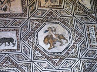 Dionysosmosaik Köln #2 - Mosaik, Römer, römisch, Antik, Medaillons, Dionysos, Jahreszeiten, Früchte, Tiere, Fußboden, Engel, Löwe
