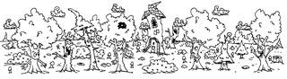 märchenhafte Waldillustration - Redeanlass, Schreibanlass, Bildbeschreibung, Illustration, Ausmalbild, Comic, Cartoon, Märchen, Bäume, Baum, Wald, Turm, Hexe, Rapunzel, mysthisch