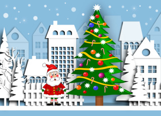 Weihnachtsdorf - Weihnachten, Weihnachtsdorf, Weihnachtsmann, Weihnachtsbaum, Christbaum, Papierschnitt, Häuser, Nadelbäume, Schnee