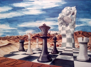 Schachmatt - Surrealismus, Malerei, Aquarell, Traum, Einsamkeit, Schach, Wüste, unwirklich, fantastisch