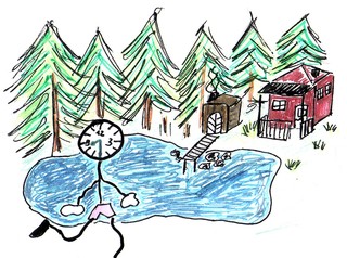 Herr Ticktack auf Reisen #1 - Uhren, Uhrzeit, reisen, Urlaub, See, Wald, Natur, Sommerhütte