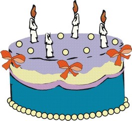 Torte (Clipart - Geburtstagstorte, Geburtstag, Kuchen, Torte, süß, bunt, feiern, essen, Kerze, vier, Schleifen
