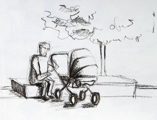 Vater mit Kinderwagen - Vater, Kinderwagen, ausruhen, Skizze, Kunst, Studie