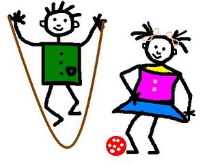 Kinderzeichnung Sport - Kinder, Zeichnung, Strichzeichnung, Gestaltung, Sport, bewegen, spielen, springen, Anlaut K, Anlaut Sp, Verb, Illustration, Junge, Mädchen