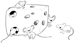 Mäuse rund um den Käse - Grundwortschatz, am, Zeichnung, Käse, Maus, Mäuse, sechs, Illustration, neben, auf, vor, hinter, verstecken, Präposition, Wörter mit äu