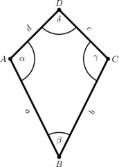 Drachen mit Winkel- und Seitenbeschriftungen #2 - Drachen, Viereck, Geometrie, Figur, eben, plan, Ecke, Winkel, gleichlang, Deltoid