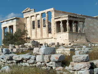 Akropolis Athen  - Ionische Säulenkapitelle, ornamentaler Fries, Heiliger Ölbaum, Erechtheion, Steine, Säulen, Akropolis, Athen