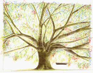 Baum mit Schaukel - Baum, Herbst, Schaukel, Zeichnung, Ast, Äste, Baumstamm, Baumkrone