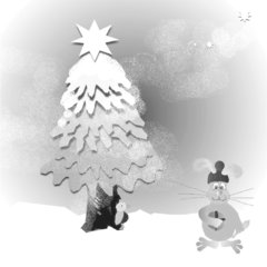 Hase im verschneiten Wald zum Ausmalen - Hase, Weihnachten, verschneiter Wald, Wald, Tannenbaum, Stern, Päckchen, Geschenk, Weihnachtsgeschenk, Schreibanlass